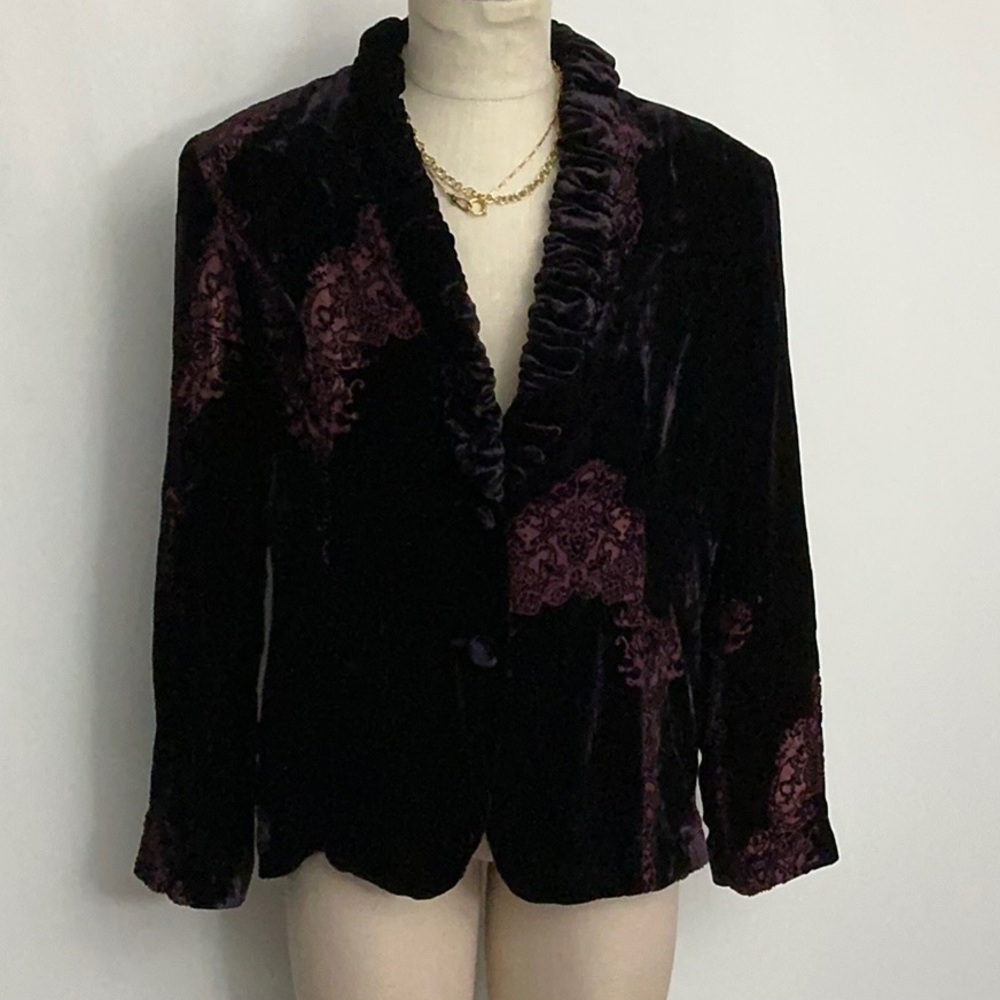NWT Vintage Aris.A Velvet Silk Ruffle Burnout Jacket Size Large Purple